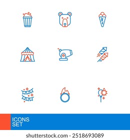 Globos con cinta, aro de fuego de circo, banderas de guirnalda de carnaval, cohete de fuegos artificiales, tienda, cañón, helado en gofre e icono de cabeza de oso. Vector