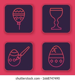 Set line Balloons with ribbon, Easter egg and paint brush, Wine glass and Cracked egg. Blue square button. Vector