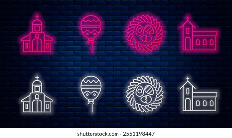 Set line Balloons with ribbon, Easter egg in a wicker nest, Church building and Church building. Glowing neon icon on brick wall. Vector