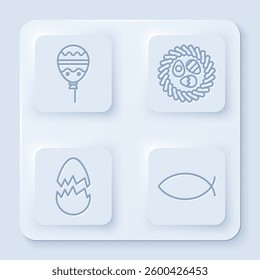Set line Balloons with ribbon, Easter egg in a wicker nest, Broken egg and Christian fish. White square button. Vector
