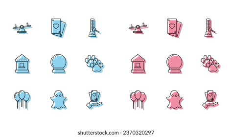 Fija la línea Globos con cinta, Ghost, Seesaw, cartas de juego con mano, bola mágica, papel impreso, taquilla de la caja de boletos e icono de Jugar. Vector