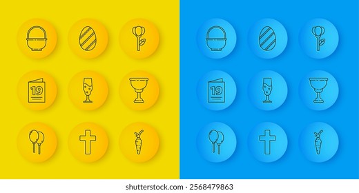 Set line Balloons with ribbon, Greeting card Happy Easter, Wine glass, Carrot, Christian chalice, Basket, Flower tulip and egg icon. Vector