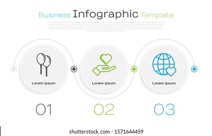 Set line Balloons with ribbon, Heart on hand and The heart world love. Business infographic template. Vector