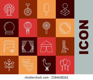 Set line Balloons with ribbon, High striker attraction big hammer, Ticket, Ice cream, Hot air balloon, Magic, Ferris wheel and Lollipop icon. Vector