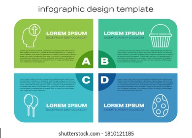 Set line Balloons with ribbon, Human head with christian cross, Easter egg and Easter cake. Business infographic template. Vector