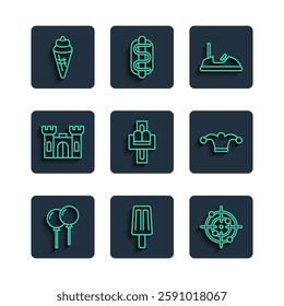 Set line Balloons with ribbon, Ice cream, Target sport, Bumper car, Attraction carousel, Castle, in waffle cone and Jester hat bells icon. Vector