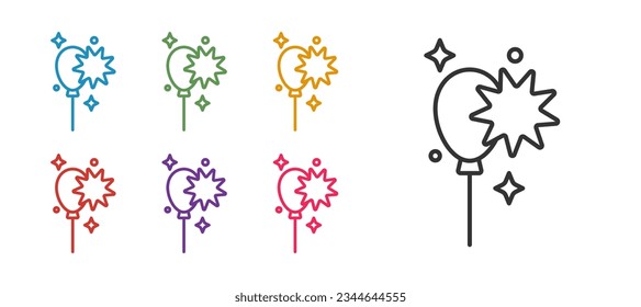 Fijar la línea Globos con el icono de cinta aislado en el fondo blanco. Indique los iconos en colores. Vector