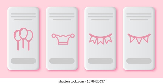Set line Balloons with ribbon, Jester hat with bells, Carnival garland with flags and Carnival garland with flags. White rectangle button. Vector