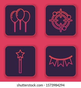 Set line Balloons with ribbon, Magic wand, Target sport for shooting competition and Carnival garland with flags. Blue square button. Vector