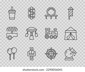 Fija la línea de los globos con cinta, bola mágica, montaña rusa, carrusel de atracción, agua de vidrio de papel, deporte de destino e icono de la tienda de circo. Vector