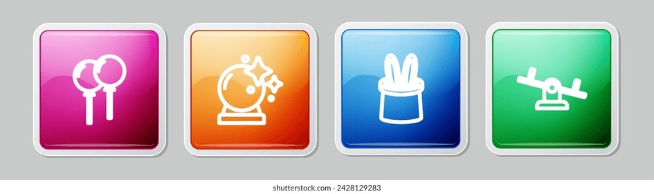 Set line Balloons with ribbon, Magic ball, Magician hat and rabbit ears and Seesaw. Colorful square button. Vector