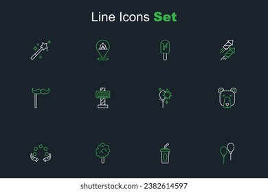 Set line Balloons with ribbon, Paper glass water, Cotton candy, Juggling ball, Bear head, Attraction carousel and mustache stick icon. Vector