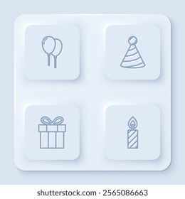 Set line Balloons with ribbon, Party hat, Gift box and Birthday cake candles. White square button. Vector