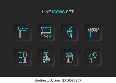 Set line Balloons with ribbon, Popcorn in cardboard box, Unicycle, Bowling pin, Festive mask, Paper glass water, Fast street food cart and mustache stick icon. Vector