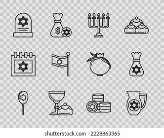 Set line Balloons with ribbon with star of david, Decanter, Hanukkah menorah, Jewish goblet and hanukkah sufganiyot, Tombstone, Flag Israel, coin and money bag icon. Vector