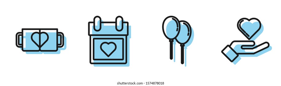 Set line Balloons with ribbon, Two coffee cup and heart, Calendar with heart and Heart on hand icon. Vector