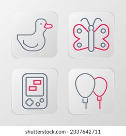 Set line Balloons, Tetris electronic game, Butterfly and Rubber duck icon. Vector