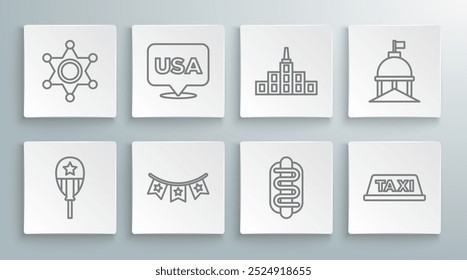 Set line Ballons, USA Independence Day, Karneval Girlande mit Fahnen, Hotdog Sandwich, Taxi-Autodach, Stadtlandschaft, White House und Hexagram Sheriff Ikone. Vektorgrafik