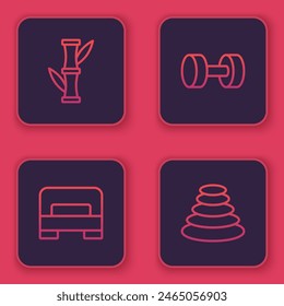 Set line Bamboo, Big bed, Dumbbell and Stack hot stones. Blue square button. Vector
