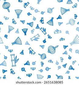 Set line Bamboo, Chinese paper lantern and Paper chinese folding fan on seamless pattern. Vector