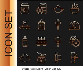 Set line Bamboo, Chinese Yuan currency, hat, tea ceremony, Firework, Dumpling cutting board, Jar of honey and Yin Yang icon. Vector