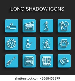 Set line Bamboo flute indian, Hindu swastika, Wood cricket bat and ball, Instrument tabla, Chicken tikka masala, Hookah, Cup of tea leaf and Hands praying position icon. Vector