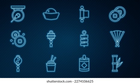 Set line Bamboo, Paper chinese folding fan, Decree, paper, parchment, scroll, Chinese lantern, Yuan currency, Gong, Firework and Sushi icon. Vector