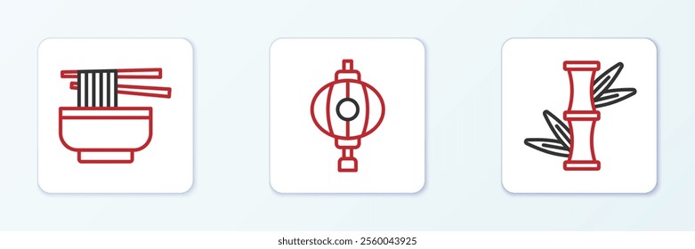 Set line Bamboo, Ramen and Korean lantern icon. Vector