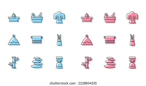 Set line Bamboo, Stack hot stones, Aroma candle, Old hourglass, Towel hanger, diffuser, Sauna hat and bucket ladle icon. Vector