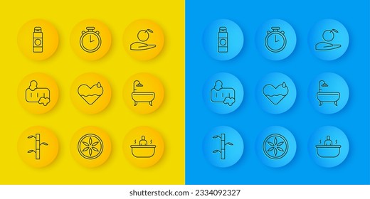 Set line Bamboo stems with leaves, Bar of soap foam, Heart heal, Bathtub, Cream or lotion cosmetic tube, Apple in hand and Stopwatch icon. Vector