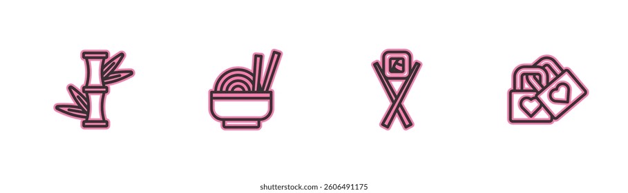 Set line Bamboo, Sushi with chopsticks, Asian noodles in bowl and Lock heart icon. Vector