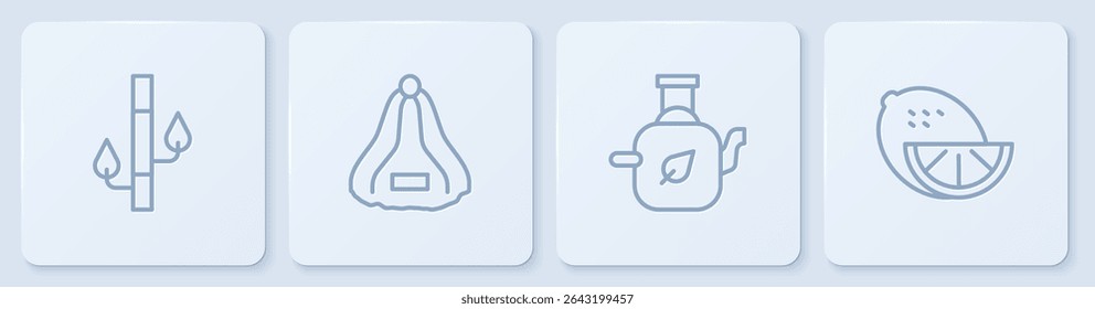 Set line Bamboo, Teapot with leaf, Sauna hat and Lemon. White square button. Vector