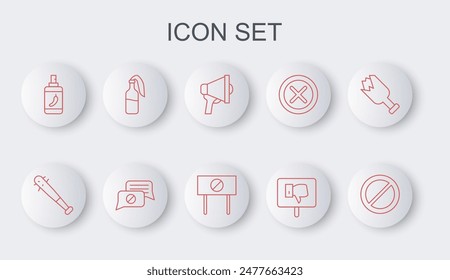 Set line Ban, Baseball bat with nails, Megaphone, Protest, Pepper spray, Cocktail molotov, Speech bubble chat and  icon. Vector