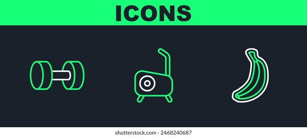 Set line Banana, Dumbbell and Stationary bicycle icon. Vector