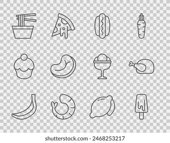 Set line Banana, Ice cream, Hotdog, Shrimp, Asian noodles in bowl, Steak meat, Lemon and Roasted turkey or chicken icon. Vector