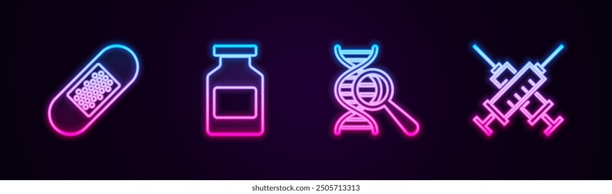 Set line Bandage plaster, Medicine bottle, DNA research, search and Crossed syringe. Glowing neon icon. Vector