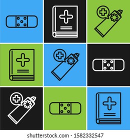 Set line Bandage plaster, Ointment cream tube medicine and Medical book icon. Vector