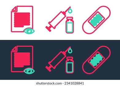 Set line Bandage plaster, Paper page with eye and Medical syringe vial icon. Vector