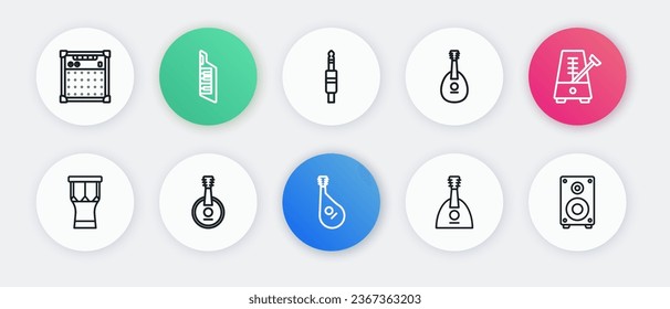 Set line Bandura, Metronome with pendulum, African percussion drum, Balalaika, Mandolin, Audio jack, Stereo speaker and Banjo icon. Vector