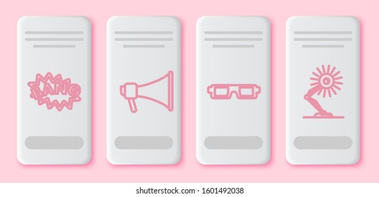 Set Line Bang Boom Text Speech Bubble Balloon , Megaphone , 3D Cinema Glasses  And Table Lamp . White Rectangle Button. Vector