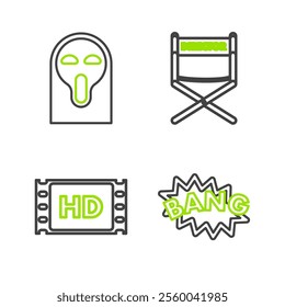 Set line Bang boom text speech bubble balloon, 4k movie, tape, frame, Director chair and Funny and scary ghost mask icon. Vector