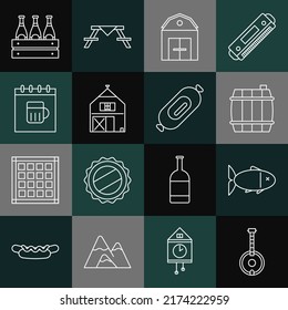 Set line Banjo, Fish, Wooden barrel, Farm House, Saint Patricks day calendar, Pack of beer bottles and Salami sausage icon. Vector