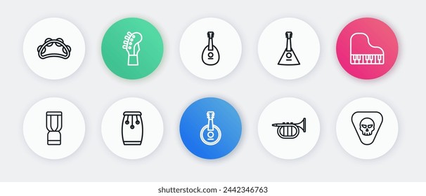 Set line Banjo, Grand piano, African djembe drum, Trumpet, Balalaika, Mandolin, Guitar pick and Conga drums icon. Vector
