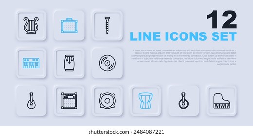 Set line Banjo, Grand piano, Conga drums, African darbuka, Music synthesizer, Guitar amplifier,  and Stereo speaker icon. Vector