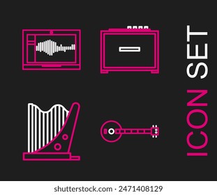 Set line Banjo, Harp, Guitar amplifier and Sound or audio recorder on laptop icon. Vector