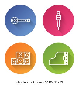 Set line Banjo, Microphone, Stereo speaker and Grand piano. Color circle button. Vector