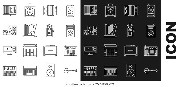 Set line Banjo, Music synthesizer, MP3 player, Musical instrument accordion, Harp, Stereo speaker, tape and Microphone icon. Vector