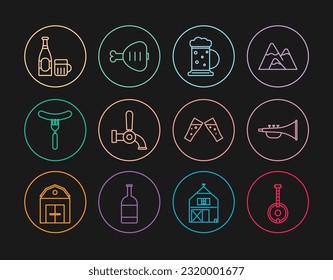 Set line Banjo, Musical instrument trumpet, Wooden beer mug, Beer tap, Sausage on the fork, bottle and glass, Glass of and Chicken leg icon. Vector