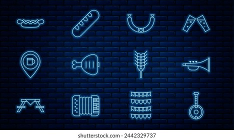 Set line Banjo, Musical instrument trumpet, Sausage, Chicken leg, Alcohol or beer bar location, Hotdog sandwich, Wheat and French baguette bread icon. Vector