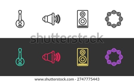 Set line Banjo, Speaker volume, Stereo speaker and Tambourine on black and white. Vector